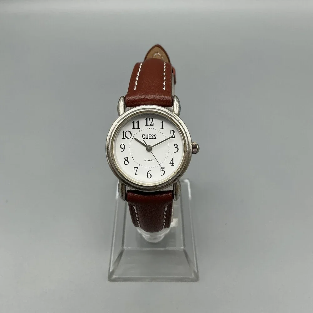 Vintage Guess Womens Watch 25mm Silver Tone White Dial Brown Leather New Battery